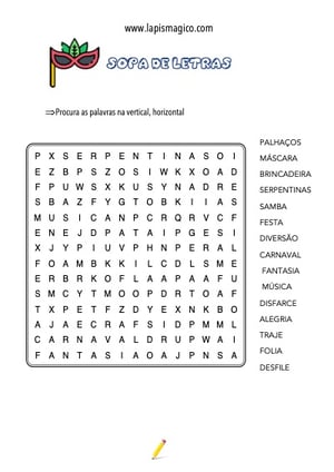 Sopa de letras de Carnaval, ficha pdf nº1