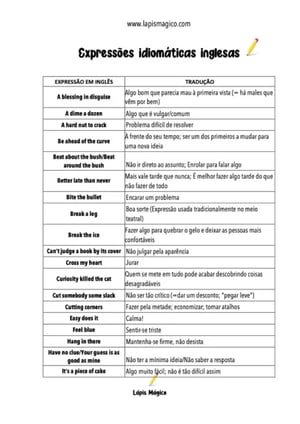 Expressões idiomáticas inglesas, ficha pdf nº1