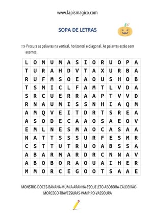 Sopa de letras do Dia das Bruxas, ficha pdf nº1