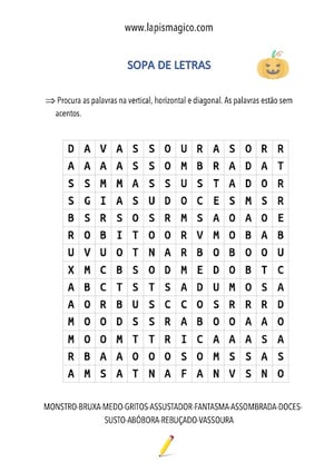 Sopa de letras do Dia das Bruxas, ficha pdf nº2