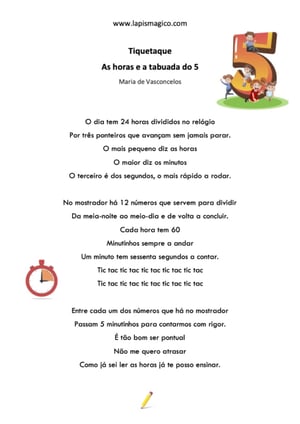 Tiquetaque - As horas e a tabuada do 5, ficha pdf nº1