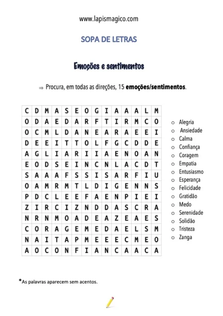 Emoções e sentimentos, ficha pdf nº1