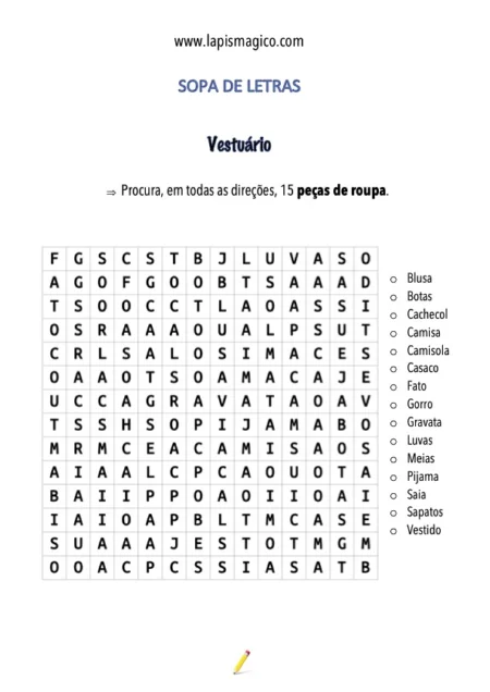 Sopa de Letras sobre vestuário, ficha pdf nº1
