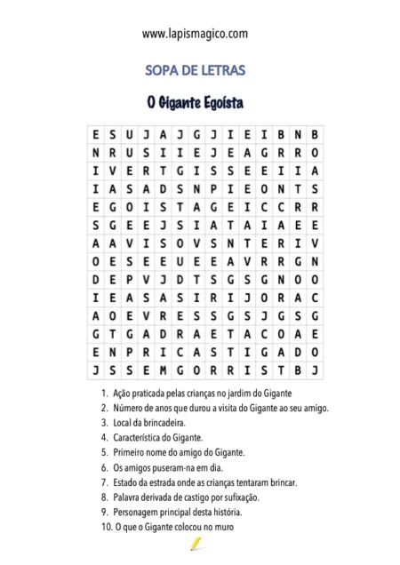 Sopa letras O Gigante Egoísta, ficha pdf nº1
