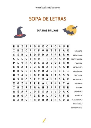 Sopa de Letras do Dia das Bruxas (Halloween), ficha pdf nº2