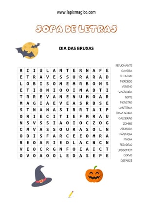 Sopa de Letras do Dia das Bruxas (Halloween), ficha pdf nº1