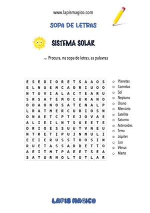 Sopa de letras sobre o sistema solar, ficha pdf nº1