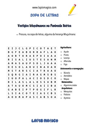 Sopa de letras sobre vestígios muçulmanos, ficha pdf nº1