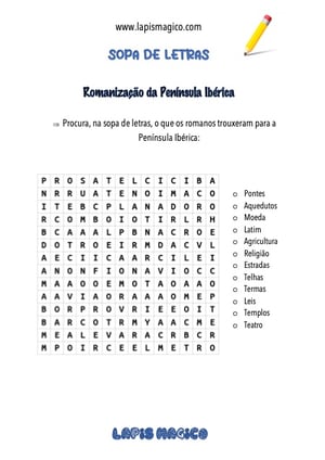 Sopa de letras sobre vestígios romanos, ficha pdf nº1