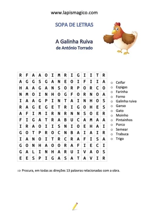 Sopa de letras sobre Galinha Ruiva